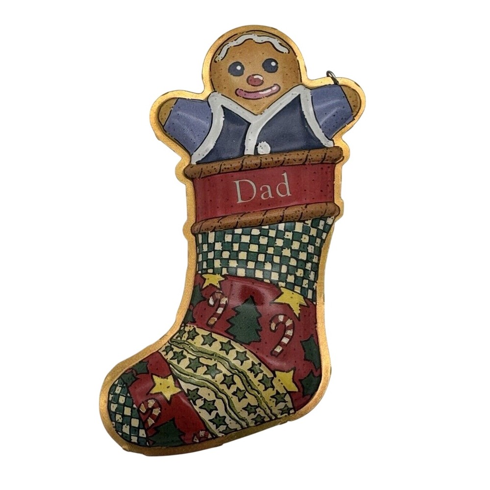 Hallmark Keepsake DAD Ornament Pressed Tin Christmas Stocking Gingerbread 1999